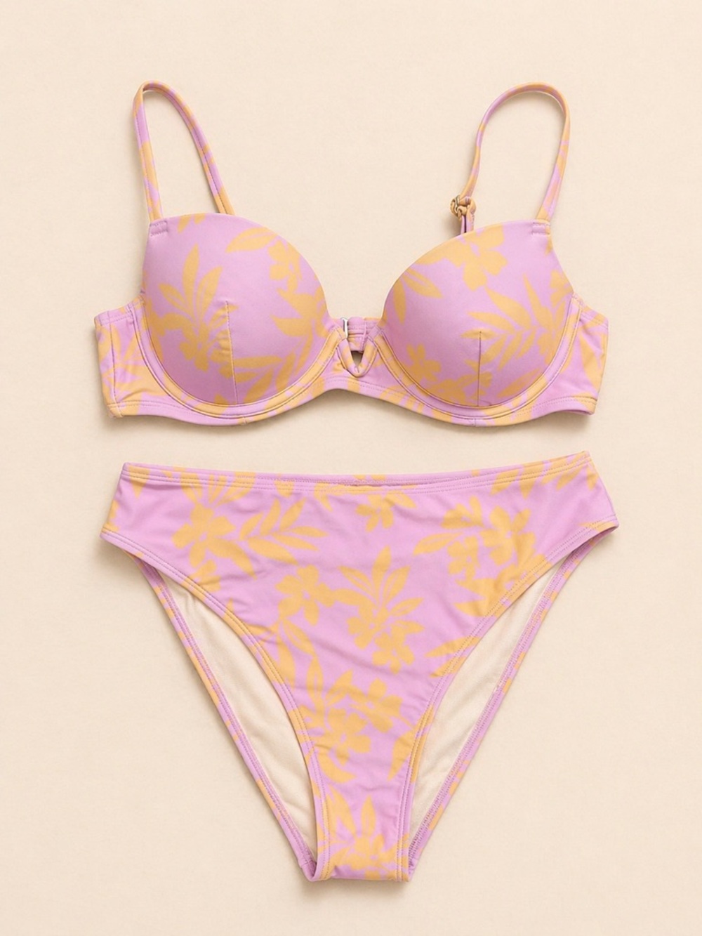 Pink & Yellow Floral Bikini Set – Underwire Top, Size S/M